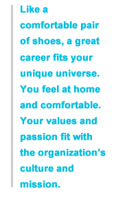 Like a comfortable pair of shoes, a great career fits your unique universe. You feel at home and comfortable. Your values and passion fit with the orgainzation's culture and mission.